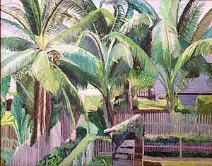 "Public Road, Kitty, Georgetown" by Leila Locke. Acrylic on canvas stretched over board, 73 x 50cm, painted by Leila Locke c.1973, Guyana.  Destroyed in fire 2017.