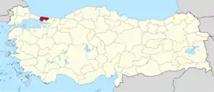 Istanbul (I) highlighted in red on a beige political map of Turkeym