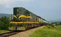Železnice Srbije class 661 diesel locomotive, with an intermodal freight train from the Bulgarian border at Dimitrovgrad, on its way towards Niš.