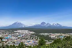 Aerial view of Petropavlovsk-Kamchatsky with the Koryaksky volcano