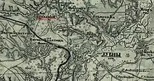 1878 map in Russian showing the location of places in the  Poltava Governorate