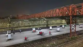 A pedestrian bridge at the station