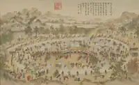 The Emir of Uqturpan surrendering the city of Uqturpan during the suppression of the Muslim Revolt of the Altishahr Khojas. 平定伊犁回部战图册·乌什酋长献城降 (1764).