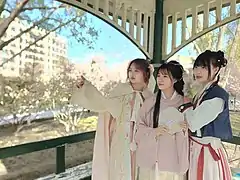 Girls in hanfu, one of them is holding a flower-shaped tuanshan, 2022