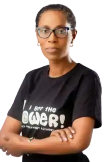 photograph of woman with short hair and glasses, crossed arms