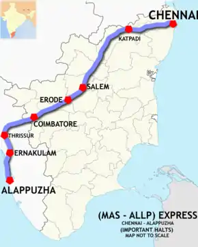 (Chennai–Alleppey) Express route map