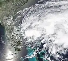 Satellite picture of a tropical depression that would later become Arthur on the coast of Florida on May 16.