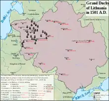 Image 13The Grand Duke of Lithuania, Aleksandras Jogailaitis, specified that the Roman Catholic priests in these 28 churches must know the Lithuanian language, according to his letter of 18 September 1501, which was addressed to the Bishop of Vilnius Albertas. (from Grand Duchy of Lithuania)