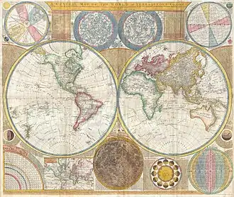 Image 7A general map of the world by Samuel Dunn, 1794, containing star chart, map of the Solar System, map of the Moon and other features along with Earth's both hemispheres. (from History of cartography)