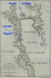 1822 area map by Eduard Rüppell, modern borders overlaid. His "Ruines d'Elana" is the site of Tell el-Kheleifeh.