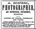 Advertisement for A. Sonrel, photographer, School Street, Boston, 1868