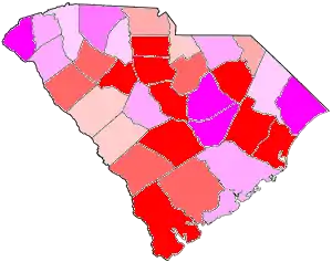 Red counties were won by Chamberlain and magenta counties were won by Green
