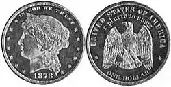 A silver dollar pattern depicting a left-facing woman on the obverse and an eagle on the reverse