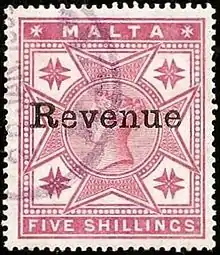 Malta, 1899: 5s, 1886 issue, overprinted 'Revenue'.