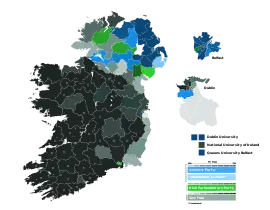 The results of the 1918 Irish general election, in which Sinn Féin and the Irish Parliamentary Party won the majority of votes on the island of Ireland, shown in the color green and light green respectively, with the exception being primarily in the East of the province of Ulster.