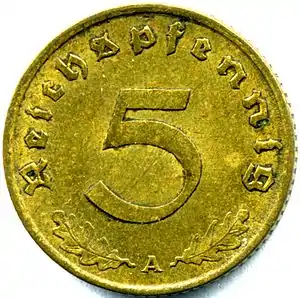 Prewar 5 ℛ₰ (reverse). Made of aluminium-bronze