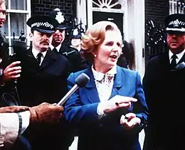 Thatcher giving a statement to the media outside 10 Downing Street