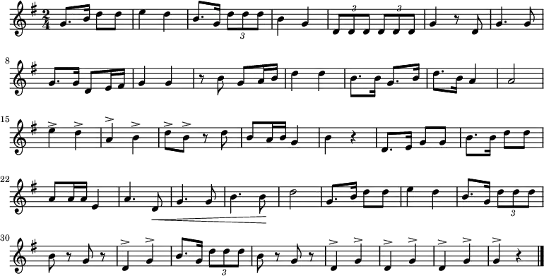
  \relative g' {
   \key g \major \time 2/4
    g8. b16 d8 d e4 d b8. g16 \times 2/3 { d'8 d d } b4 g \times 2/3 { d8 d d } \times 2/3 {d d d } g4 r8 d8
    g4. g8 g8.[ g16] d8[ e16 fis] g4 g4 r8 b g[ a16 b] d4 d
    b8.[ b16] g8.[ b16] d8.[ b16] a4 a2 e'4^> d^> a^> b^>
    d8-> b-> r d b[ a16 b] g4 b r d,8.[ e16] g8 g b8.[ b16] d8 d
    a[ a16 a] e4 a4. d,8\< g4. g8 b4. b8\! d2
    g,8.[ b16] d8 d e4 d b8.[ g16] \times 2/3 { d'8 d d } b r g r d4^> g^>
    b8.[ g16] \times 2/3 { d'8 d d } b8 r g r d4^> g^> d^> g^> d^> g^> g^> r \bar "|."
}

