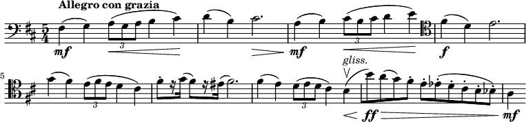 
    \relative c {
        \set Score.tempoHideNote = ##t \tempo 4 = 144
        \set Staff.midiInstrument = #"cello"
        \clef bass
        \key d \major
        \time 5/4
        fis4\mf(^\markup { \bold { Allegro con grazia } }
        g) \tuplet 3/2 { a8(\< g a } b4 cis)\!
        d( b) cis2.\>
        a4(\mf b) \tuplet 3/2 { cis8(\< b cis } d4 e)\!
        \clef tenor
        fis(\f d) e2. \break
        g4( fis) \tuplet 3/2 { e8( fis e } d4 cis)
        fis8-. [ r16 g( ] fis8) [ r16 eis( ] fis2.)
        fis4( e) \tuplet 3/2 { d8( e d } cis4) b\upbow(\<^\markup { \italic gliss. }
        [ b'8)\ff\> a( g) fis-. ] e-. [ es-.( d-. cis-. b-. bes-.) ]
        a4\mf
}
