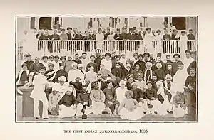 Congress, Bombay, December 28, 1885.  Third row (middle) (l. to r.) Dadabhai Naoroji, Hume, W. C. Bonerjee, and Pherozeshah Mehta.