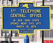 Image 58Historical marker commemorating the first telephone central office in New York State (1878) (from History of the telephone)