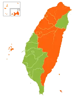 A map of the county-level results of the 2000 Taiwanese presidential election.