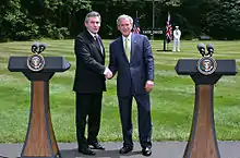 Prime Minister Gordon Brown and President George W. Bush having their first meeting at Camp David, 2007.