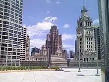 Clock tower of Chicago's Wrigley Building from Trump International Hotel and Tower.
