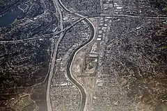 Interstate 5, the Golden State Freeway. Glendale is on the right, Los Feliz is on the left. The Los Angeles River runs through the middle.