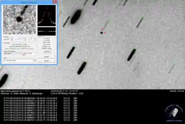 2017 VR12 on 26 February 2018. The asteroid is visible at 15th magnitude, at a distance of 4.8 million km (3.0 million miles) from Earth. The telescope is tracking the asteroid, causing stars to trail as the asteroid slowly moves across the sky.