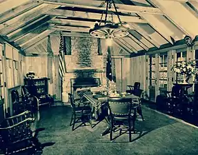 Main living room of the lodge, with FDR's chair (near bookcase) and Teddy Roosevelt's rocker