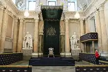 Baldachin covering the Silver Throne in the Hall of State of Stockholm Palace, Sweden.