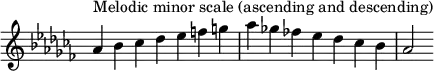 {
\override Score.TimeSignature #'stencil = ##f
\relative c'' {
\clef treble \key aes \minor \time 7/4
aes4^\markup { Melodic minor scale (ascending and descending) } bes ces des es f g aes ges! fes! es des ces bes aes2
} }