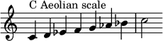  {
\override Score.TimeSignature #'stencil = ##f
\relative c' {
  \clef treble \time 7/4
  c4^\markup { C Aeolian scale } d es f g aes bes c2
} }
