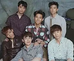 2PM in 2015 Left to right: Jun.K, Chansung, Nichkhun, Taecyeon, Wooyoung, and Junho