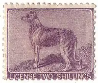 A British Ireland revenue stamp with a picture of an Irish wolfhound