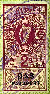 Irish 1925 Harp revenue stamp appropriated for Passports.