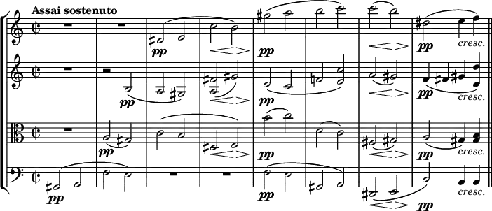 {
<< \new StaffGroup <<
\new Staff <<
\tempo "Assai sostenuto"
\relative c' {
\clef treble \key a \minor \time 2/2
R1
R
dis2(\pp e
c'\< b\>)
gis'(\pp a
b c)
c\<( b\>)
dis,(\pp e4_\markup { \italic cresc. } f) \bar "||"
}
>>
\new Staff <<
\clef treble \key a \minor \time 2/2
\new Voice \relative c' {
R1
r2 b(\pp
a gis)
<a fis'>\<( gis'\>)
d(\pp c
f! <e c'>)
a\<( gis\>)
f4(\pp fis gis_\markup { \italic cresc. } <d d'>)
}
>>
\new Staff <<
\clef alto \key a \minor \time 2/2
\new Voice \relative c' {
R1
a2(\pp gis)
c( b
dis,\< e)\>
b''(\pp c)
d,( c)
fis,(\< gis)\>
a(\pp gis4)_\markup { \italic cresc. } <gis b>
}
>>
\new Staff <<
\clef bass \key a \minor \time 2/2
\new Voice \relative c {
gis2\pp( a
f' e)
R1
R1
f2(\pp e
gis, a)
dis,\<( e\>
c')\pp b4_\markup { \italic cresc. } b
}
>>
>>
>> }