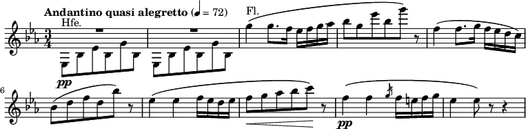 {
\clef treble \key c \minor \time 3/4
\tempo "Andantino quasi alegretto" 4 = 72
\new Voice = "melody" {
<<
{
\voiceOne
R2 R2
}
\new Voice {
\voiceTwo
es8^"Hfe." \pp bes es' bes g' bes
es bes es' bes g' bes
}
>>
\oneVoice
g''4^"Fl."\( g''8. f''16 es'' f'' g'' as''
bes''8 g'' es''' bes'' g'''\) r8
f''4( f''8. g''16 f'' es'' d'' c'')
\break
bes'8( d'' f'' d'' bes'') r8
es''4\( es'' f''16 es'' d'' es''
f''8\< g'' as'' bes'' c'''\)\! r8
f''4\( \pp f'' \slashedGrace g''16 f'' e'' f'' g''
es''4 es''8\) r8 r4
}
}