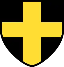 Resembling the flag of Saint David, a yellow cross on a black shield with a yellow border.