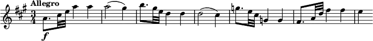 \relative c'' {
\override Score.NonMusicalPaperColumn #'line-break-permission = ##f
\tempo "Allegro"
\key a \major
\time 3/4
a8.\f cis32 e a4 a |
a2( gis4) |
b8. gis32 e d4 d |
d2( cis4) |
g'8. e32 cis g4 g |
fis8. a32 d fis4 fis |
e4
}