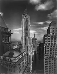 A black-and-white photo of the Bank of the Manhattan Company Building, taken around 1930 by photographer Irving Underhill