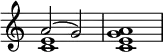{
\override Score.TimeSignature #'stencil = ##f
\new Staff <<
\new Voice \relative c'' {
\time 4/4
\voiceOne a2( g)
}
\new Voice \relative c' {
\time 4/4
\voiceTwo <c e>1 <c e g a>
}
>>
}