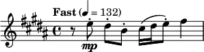  \relative c'' { \clef treble \key b \major \time 4/4 \tempo "Fast" 4 = 132 r8 e-.\mp dis-.[ b-.] cis16( dis e8-.) fis4 } 