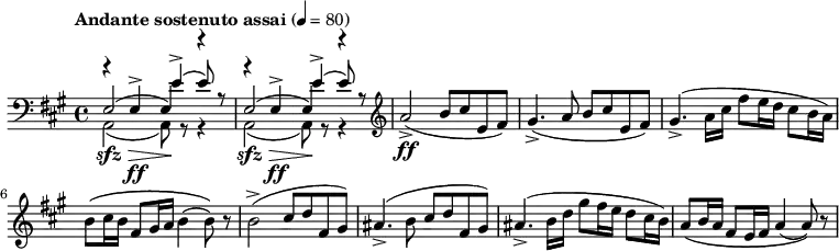 {
\key a \major \tempo "Andante sostenuto assai" 4=80 \time 4/4 \relative a'' {
<<
\clef bass
\relative { e2( e4) r4 e2( e4) r4}
\\
\relative { a,2\sfz\>( a8\!) r8 r4 a2\sfz\>( a8\!) r8 r4}
\\
\relative { r4 e4\ff-> e'4->( e8) r8 r4 e,4\ff-> e'4->( e8) r8}
>>
\clef treble a,2\ff->( b8 cis8 e,8 fis8)| gis4.->( a8 b8 cis8 e,8 fis8)| gis4.->(a16 cis16 fis8 e16 d16 cis8 b16 a16)| b8\( cis16 b16 fis8 gis16 a16 b4( b8)\) r8|
b2->( cis8 d8 fis,8 gis8)| ais4.->( b8 cis8 d8 fis,8 gis8)| ais4.->( b16 d16 gis8 fis16 e16 d8 cis16 b16)| a8\( b16 a16 fis8 e16 fis16 a4( a8)\) r8
}
}