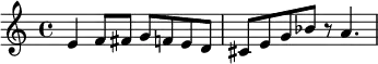 {
\relative c' {
\clef treble
\time 4/4
e4 f8 fis g f e d cis e g bes r a4.
} }