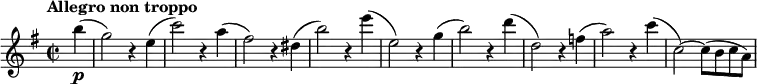 \relative c''' {
\tempo "Allegro non troppo"
\set Score.tempoHideNote = ##t \tempo 4 = 120
\key e \minor
\time 2/2
\clef treble
\set Staff.midiInstrument = "string ensemble 1"
\bar ""
\partial 4 b4\p(
g2) r4 e(
c'2) r4 a(
fis2) r4 dis(
b'2) r4 e(
e,2) r4 g(
b2) r4 d(
d,2) r4 f(
a2) r4 c(
c,2)~ c8( b c a)
}