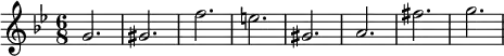 {
\relative c'' {
\time 6/8 \key bes \major
g2. gis f' e gis, a fis' g
}
}