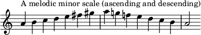 {
\override Score.TimeSignature #'stencil = ##f
\relative c'' {
\clef treble \key a \minor \time 7/4
a4^\markup "A melodic minor scale (ascending and descending)" b c d e fis gis a g! f! e d c b a2
} }