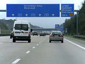 An autobahn with 4 lanes in each direction of travel for 21 km (13 mi). The section between Zeppelinheim and Darmstadt is the oldest Autobahn.
